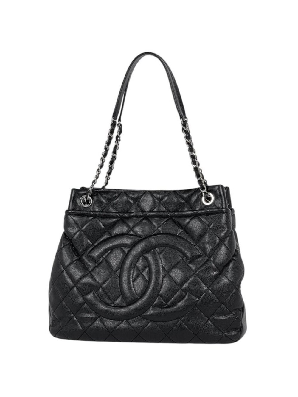 Chanel Tote Bag CC Logo Quilted Caviar Leather Black